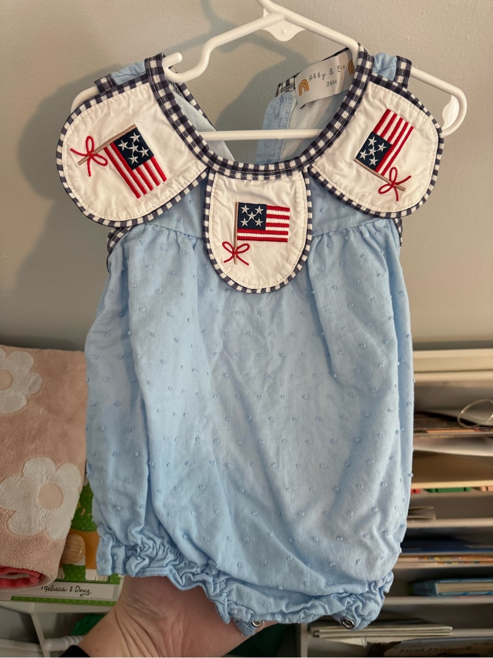 Light Blue Baby Romper with Patriotic Flag Collar